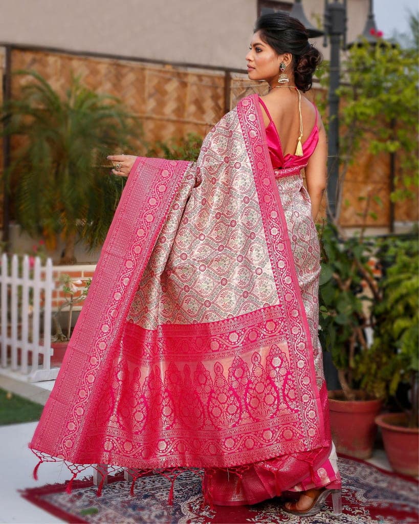 Banarasi Silk Saree Light Beige & Pink Color with contrast pallu and blouse-8729 view 3