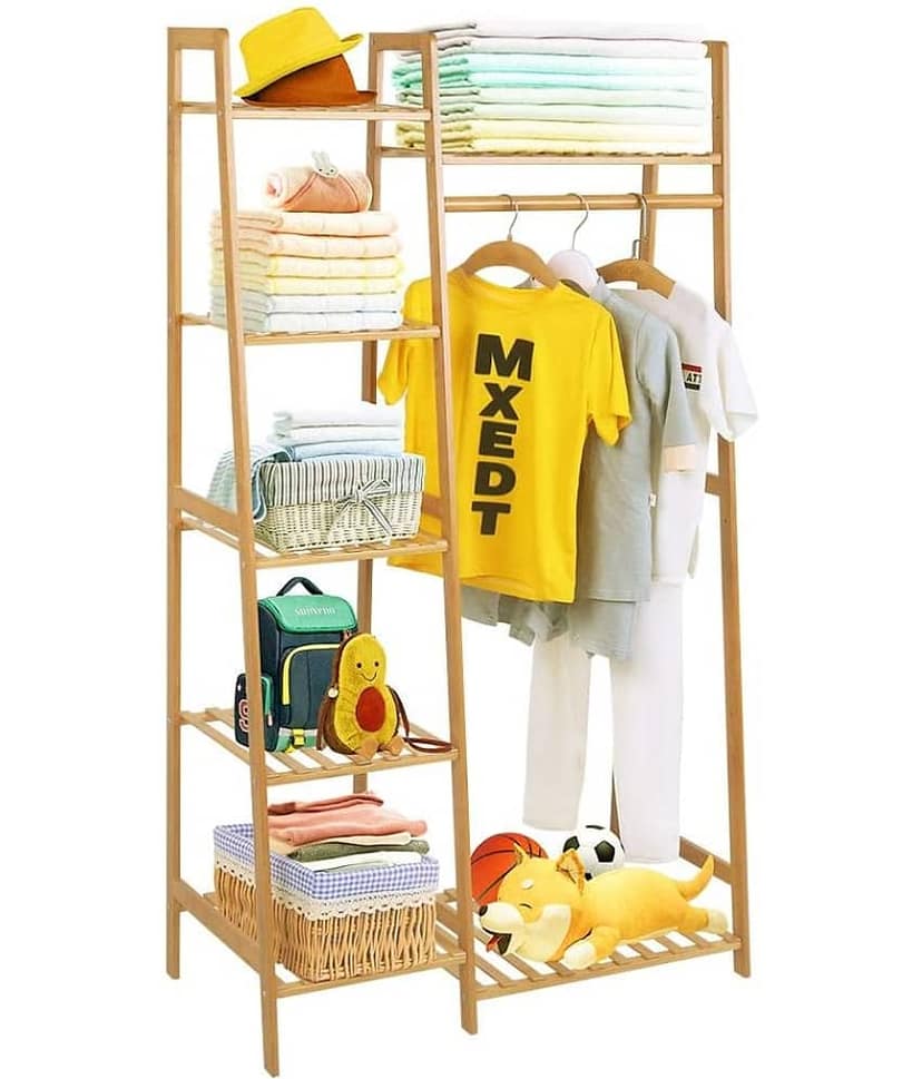 House of Quirk Bamboo Wood Garment Rack Clothing Rack with 5 Tiers Storage Shelf Corner Clothes Hanging Rack (Ladder Design)(80cm Width)