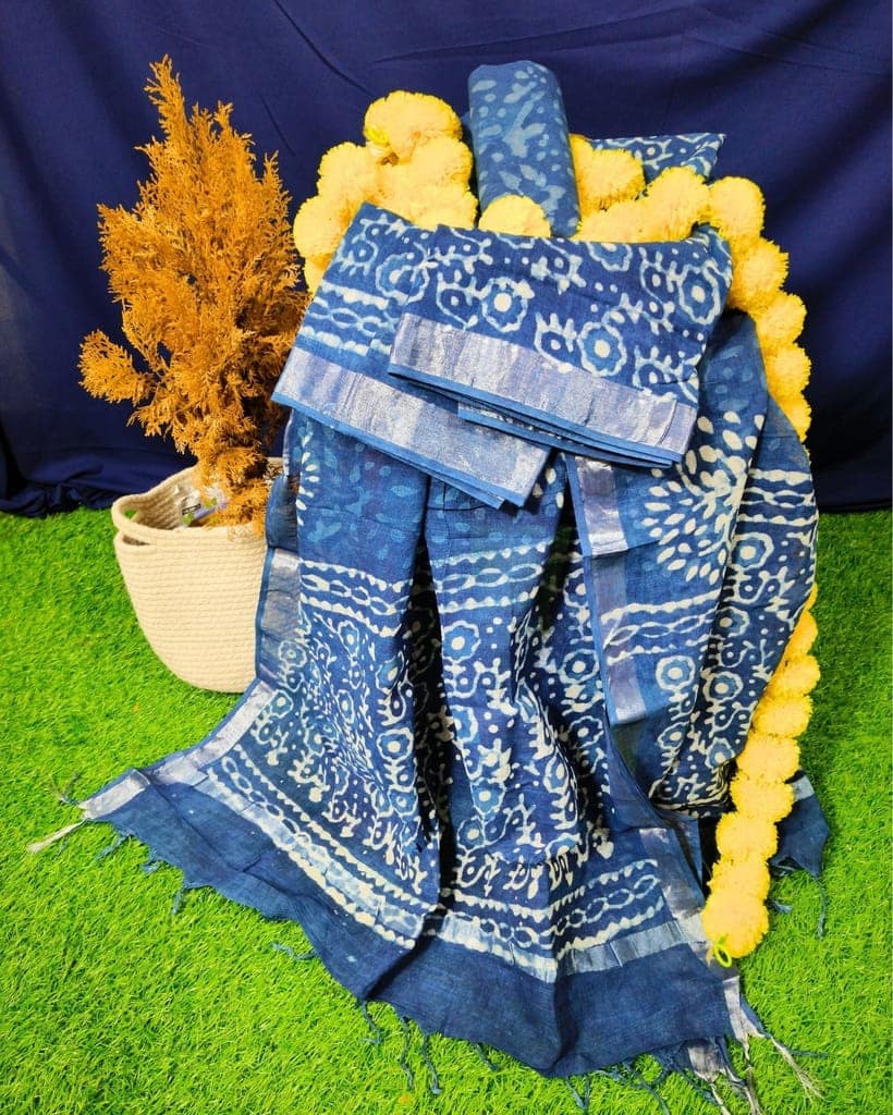Linen Suit Set Royal Blue Color with Cotton Bottom, Linen Top and Dupatta Handblock Printed-9878 view 2