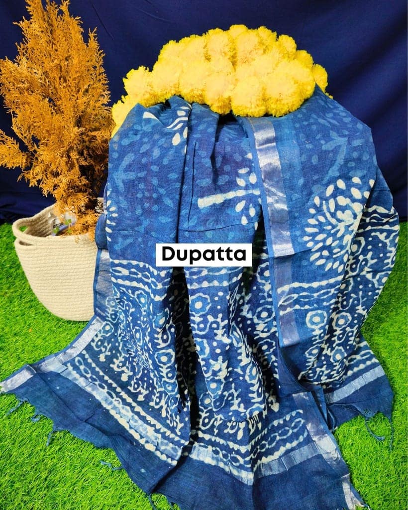 Linen Suit Set Royal Blue Color with Cotton Bottom, Linen Top and Dupatta Handblock Printed-9878 view 3