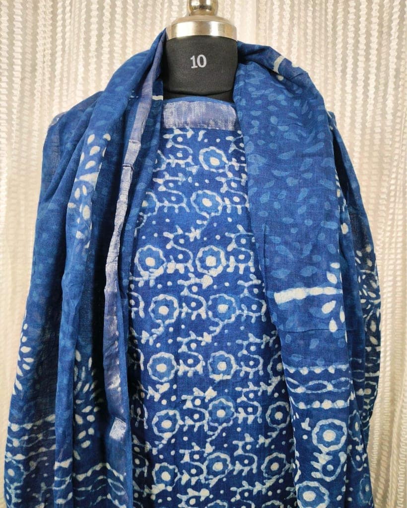 Linen Suit Set Royal Blue Color with Cotton Bottom, Linen Top and Dupatta Handblock Printed-9878 view 5