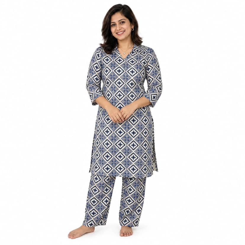 Mom and Me Women's Cotton Ethnic Co-Ord Set | Printed Kurta with 3/4 Sleeves & V-Neck Collar | Casual Summer Wear Co-Ord Set for Women (IN, Alpha, L, Regular, Blue)