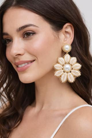 Elegant Floral Pearl and Seashell Gold Beaded Drop Earrings