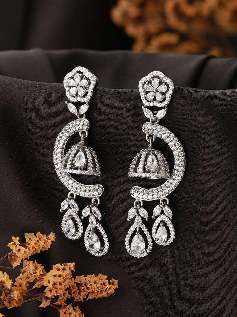 Silver Oxidised Toned CZ Studded Designer Chanbali Jhumki Earrings view 2