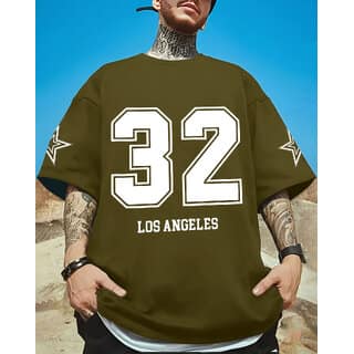 Ausk Mens Green Printed Cotton Blend Round Neck Oversized T-Shirt