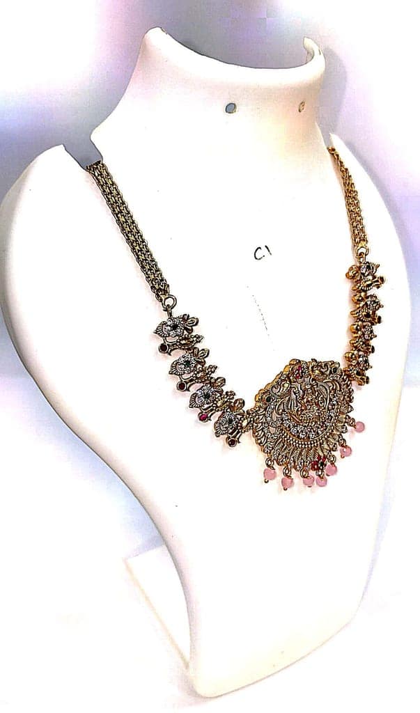 "Stunning antique gold necklace with intricate detailing and colorful gemstones." view 3