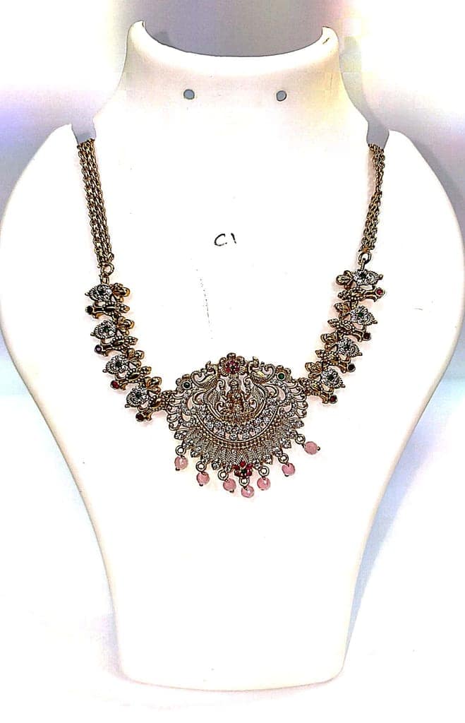 "Stunning antique gold necklace with intricate detailing and colorful gemstones." view 4