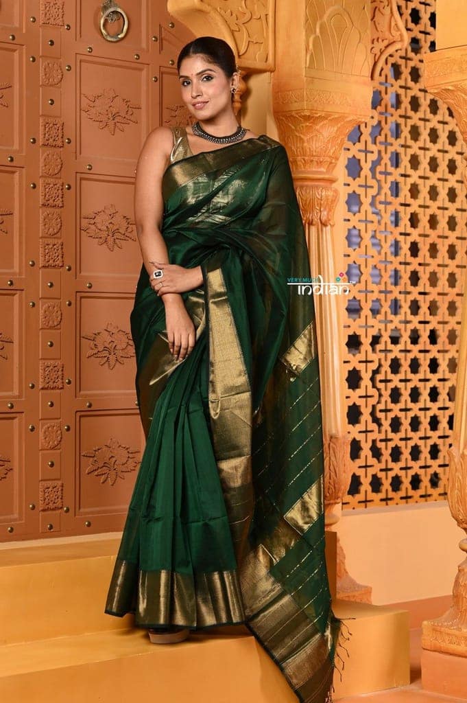 Shubh ~ Handloom Cotton Silk Saree with Golden Border in Exclusive Royal Green view 2