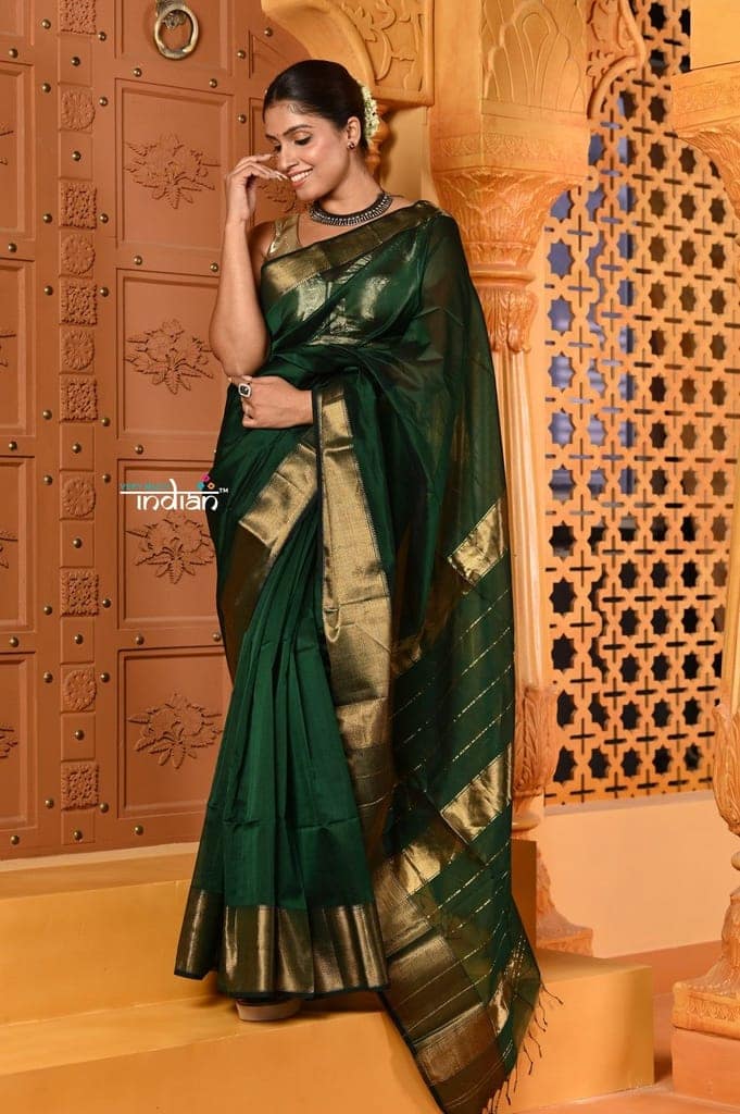 Shubh ~ Handloom Cotton Silk Saree with Golden Border in Exclusive Royal Green view 3