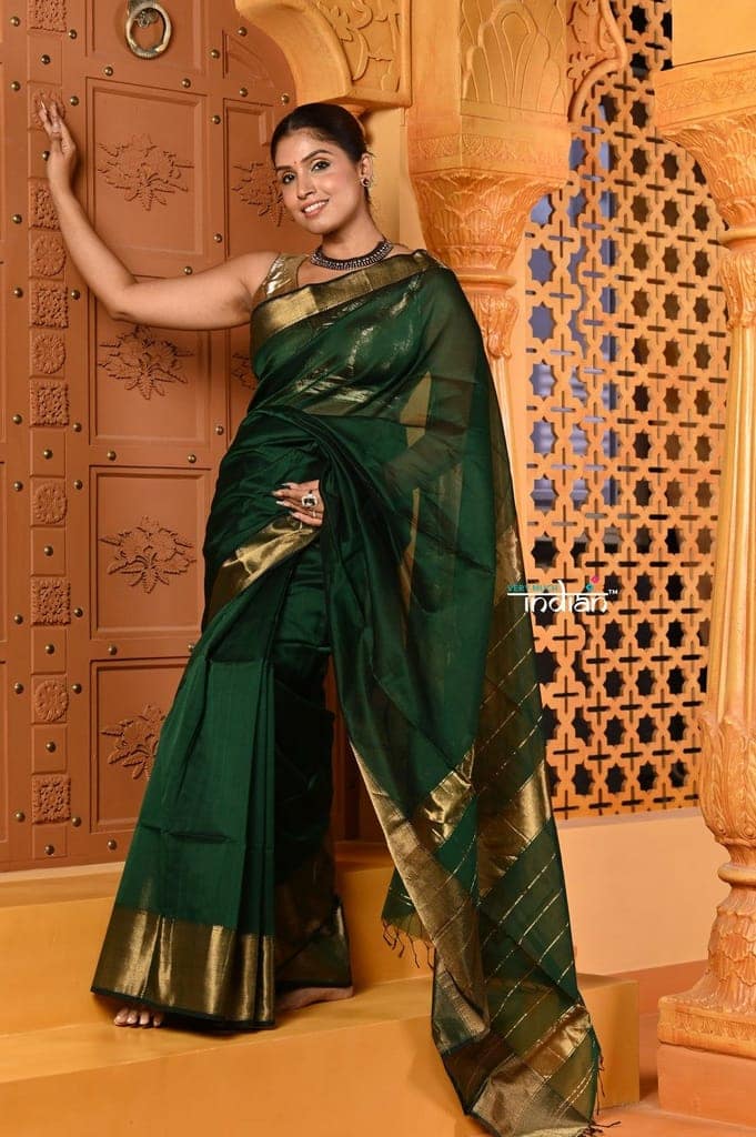 Shubh ~ Handloom Cotton Silk Saree with Golden Border in Exclusive Royal Green view 4