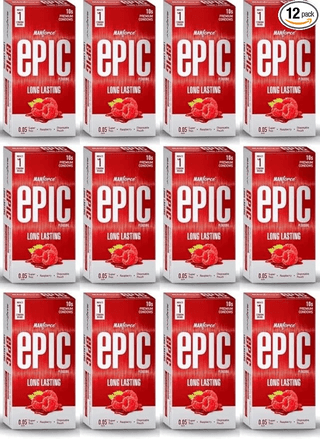 Manforce Epic Pleasure Long Lasting Premium Condoms for Men Super Thin Raspberry Flavour Disposable Pouch (10 Counts) x pack of 12