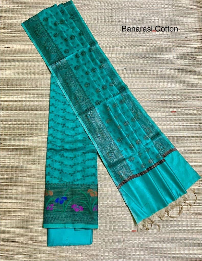 Green Banarasi Cotton Silk Saree With Blouse Piece