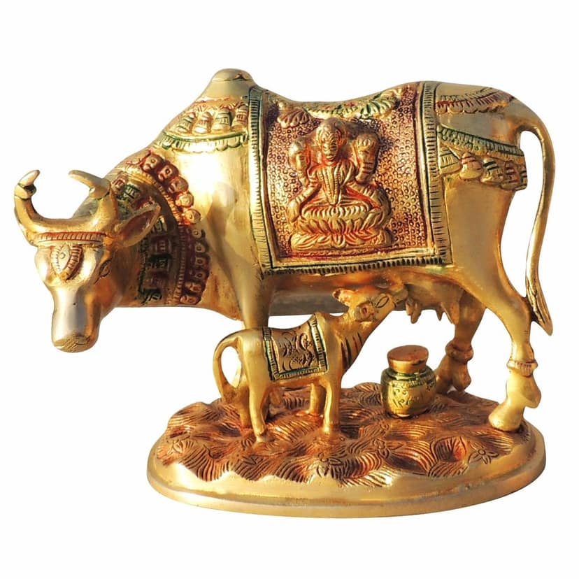 Brass Cow & Calf Idol - Sacred Kamdhenu Showpiece, Height : 6.5 Inch (BSMAS1012 C) view 3