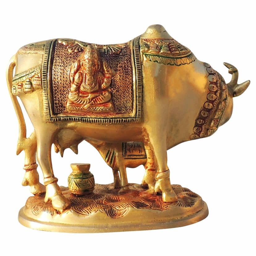 Brass Cow & Calf Idol - Sacred Kamdhenu Showpiece, Height : 6.5 Inch (BSMAS1012 C) view 4