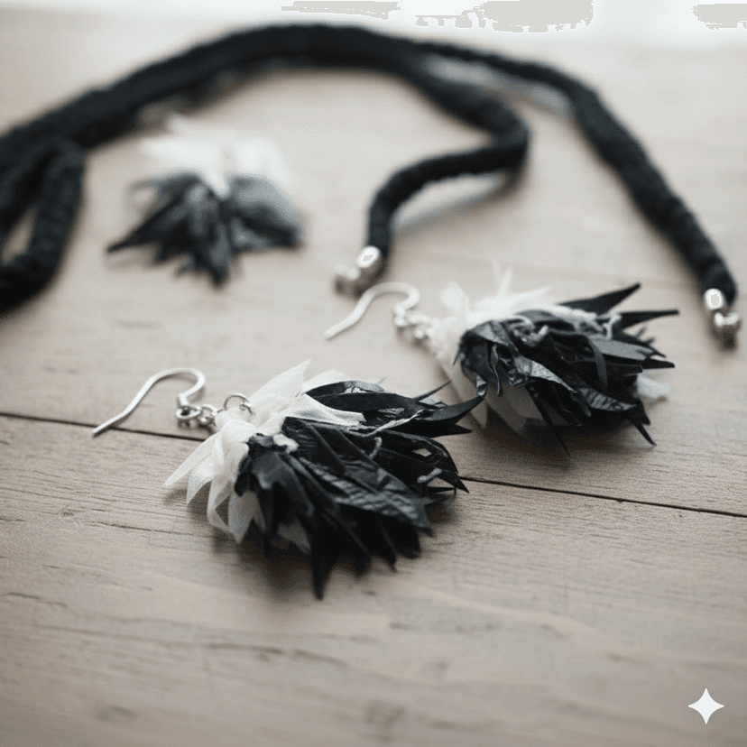 Jhuri Bhaja Traditional Jewelry Set | Handcrafted Black & White Tassel Necklace with Earrings | Lightweight Ethnic Wear view 3