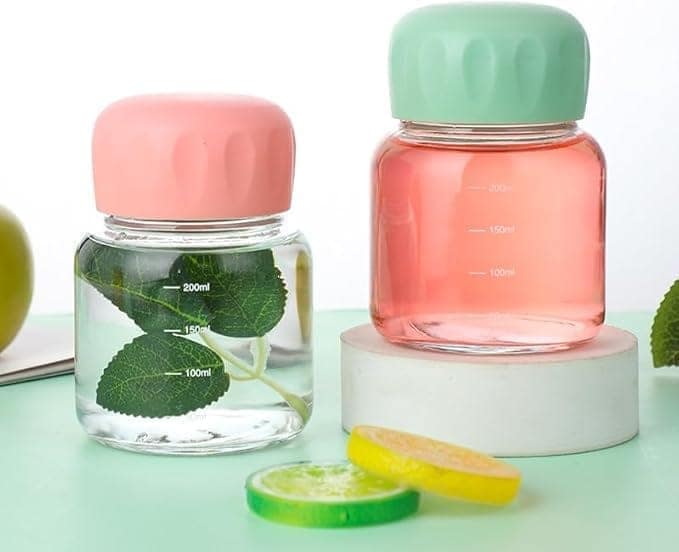 Small Glass Water Bottles With Lid And Scale Mark 300ml Cute Milk Cup, Coffee Mug, Juicing Drinking Jar for Fruit, Tea, Hot & Cold Drinks (pack of 2)