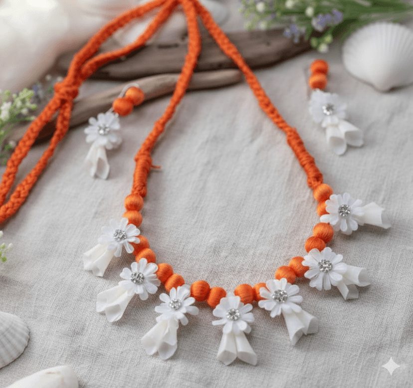 Small Fol & Ful Floral Jewelry Set | Handcrafted Orange Bead Necklace with White Flower Danglers | Lightweight Ethnic Wear view 3