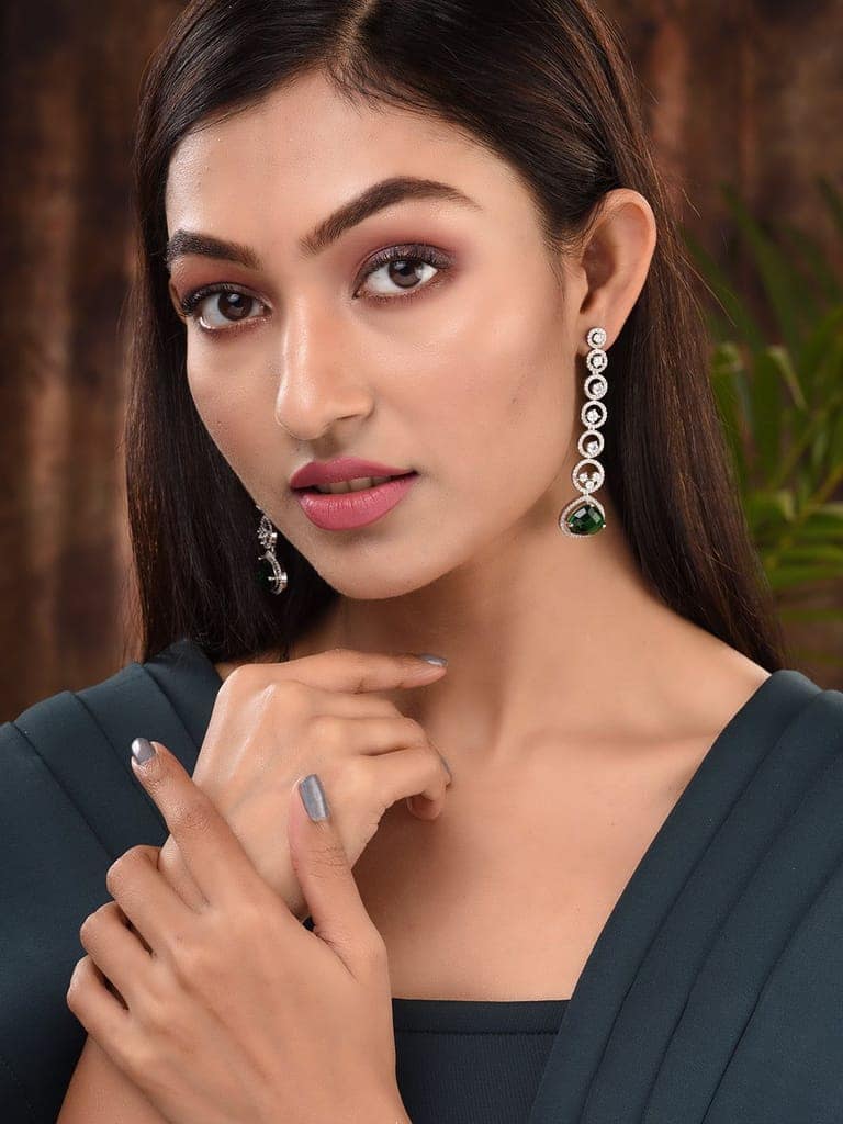 White Rhodium Plated Green AD studded Drop Earrings view 3