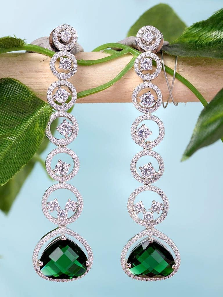 White Rhodium Plated Green AD studded Drop Earrings view 5