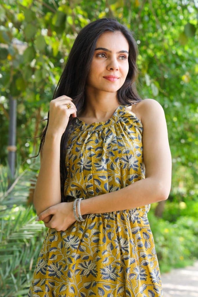 Pure Cotton Halter Neck Midi Green Dress Hand Block Printed (Size: 38-46)-6018 view 3