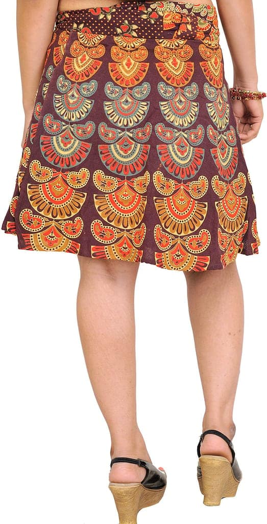 French-Roast Sanganeri Wrap-Around Mini-Skirt with Printed Motifs view 2