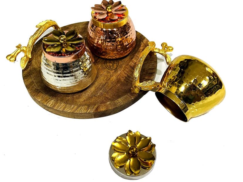 Pot Set with Wooden Tray Decorative Multipurpose Serving Candy, Dry Fruits, Chocolates, Snacks, Pickle, Dessert and Gifting Item... view 2