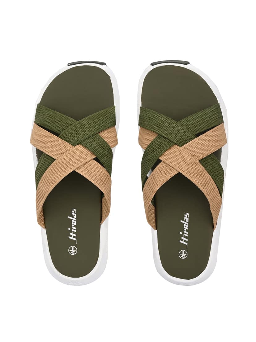 Hirolas® Men's Olive Fabric Strappy Slider Slippers (HROFF29GRT) view 2