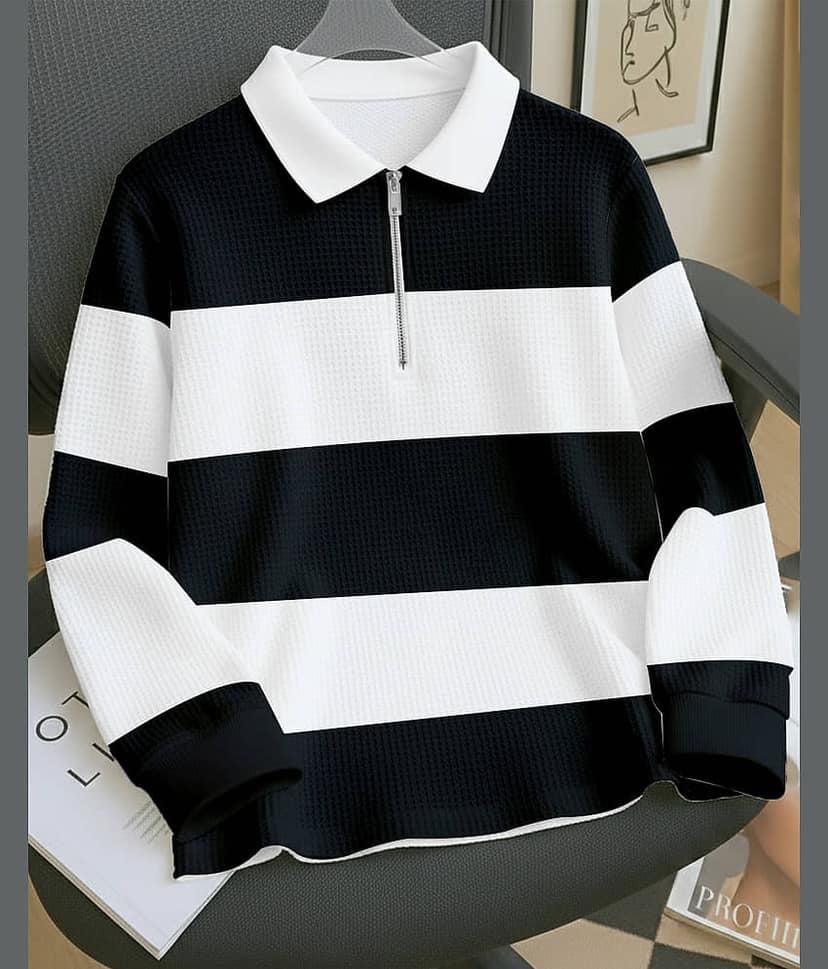 ENITOR Men Cotton Blend Regular Fit Striped Polo T Shirt ( White )