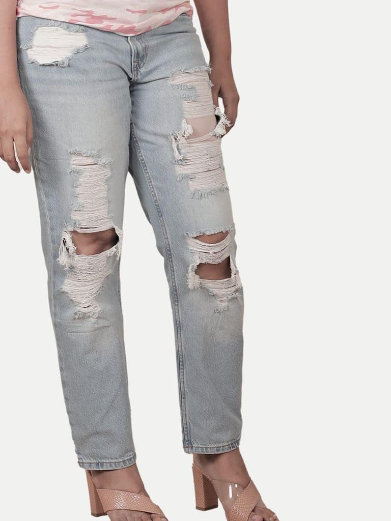 Women Light Blue Heavy Torned Fashionable Denim Pants view 3
