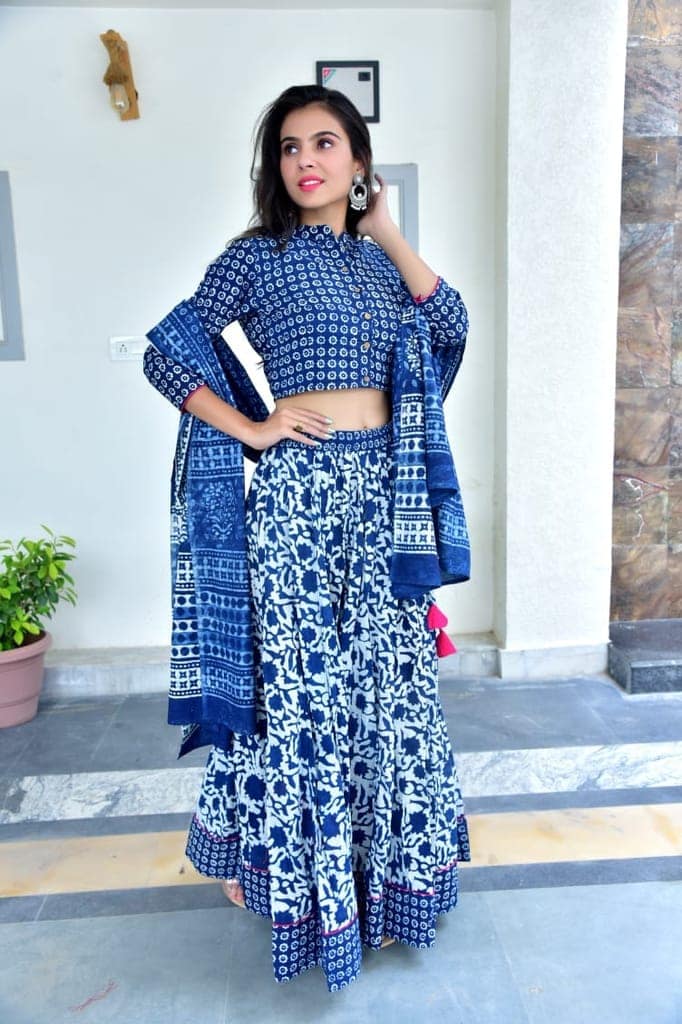 Cotton Lehanga Handblock Printed Dark Cerulean Blue Color and Top With Mulmul Dupatta (Size 34-46)-4724 view 2