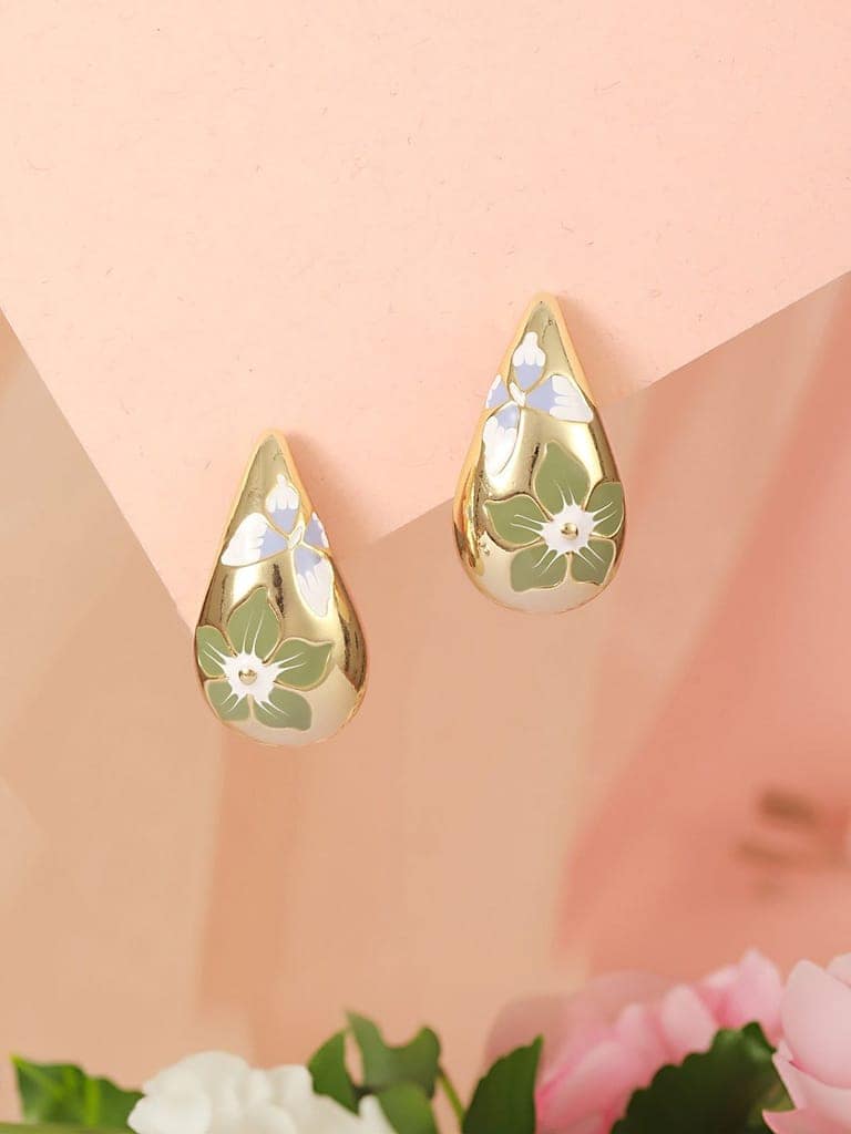 Anti-Tarnish Gold Plated & Enamelled Floral Tear Shaped Studds Earrings view 2