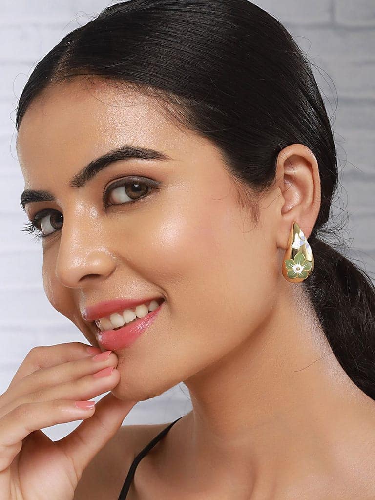 Anti-Tarnish Gold Plated & Enamelled Floral Tear Shaped Studds Earrings view 3