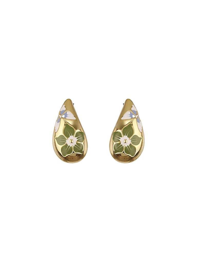 Anti-Tarnish Gold Plated & Enamelled Floral Tear Shaped Studds Earrings view 4