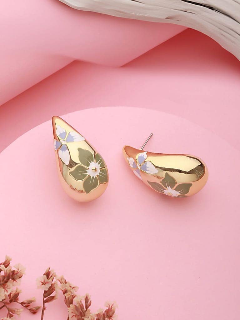 Anti-Tarnish Gold Plated & Enamelled Floral Tear Shaped Studds Earrings view 8