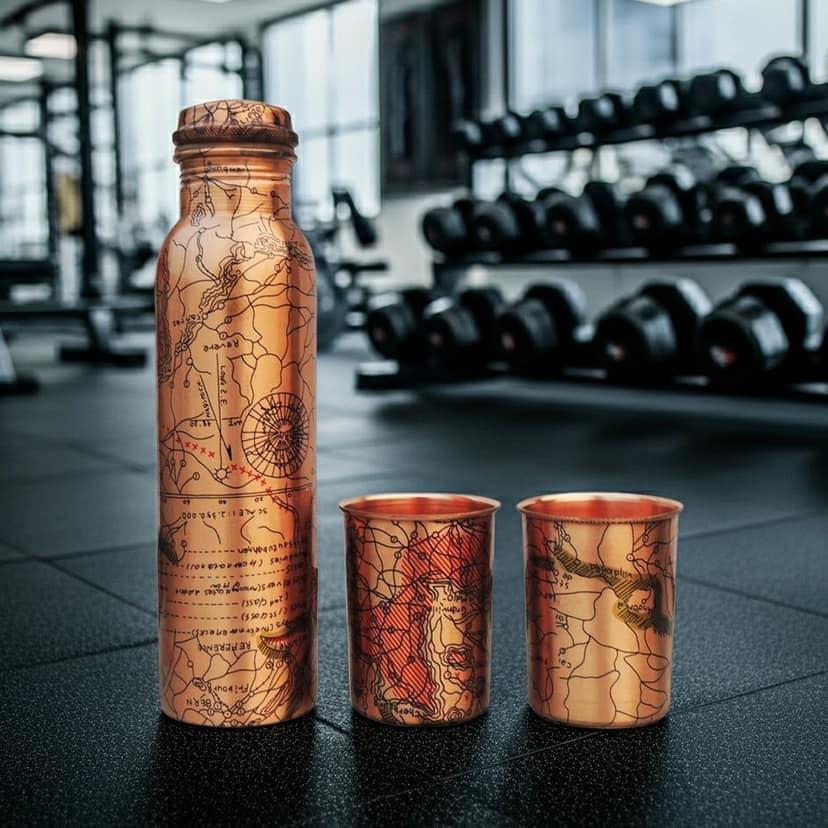 Copper Water Bottle Set with 2 Glasses | 900 ML Ayurvedic Gift Set , Height : 11 Inch (BCMAS143 D)