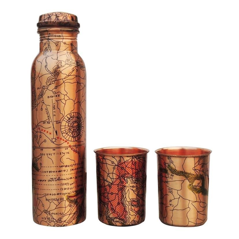 Copper Water Bottle Set with 2 Glasses | 900 ML Ayurvedic Gift Set , Height : 11 Inch (BCMAS143 D) view 3