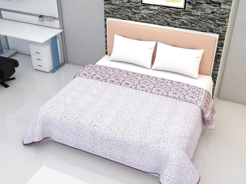 Block Printed Cotton Blanket - Double Dohar ( 90 x 108 Inches) - Pink Floral view 2