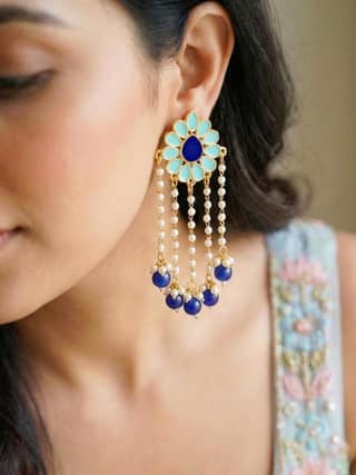 LUCKY JEWELLERY Gold Plated Enamel Floral Long Earrings with Moti Layers & Blue (354-KEO-13113-FB)