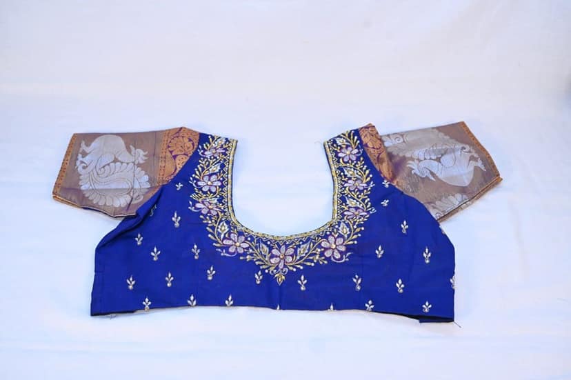Blue Embroidered Saree Blouse With Golden Border view 3