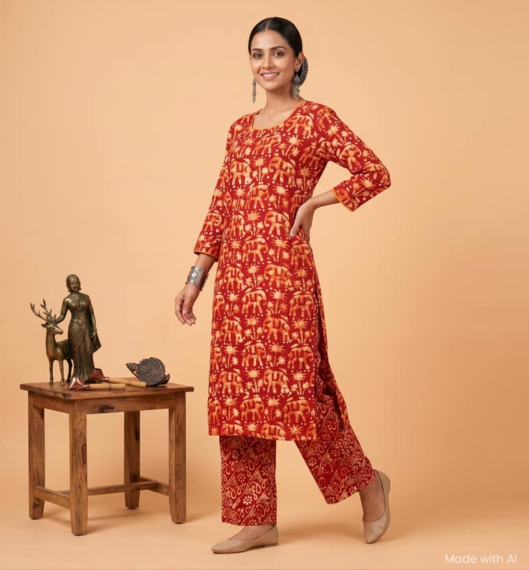 Handcrafted Batik Printed Cotton Kurta Palazzo Set