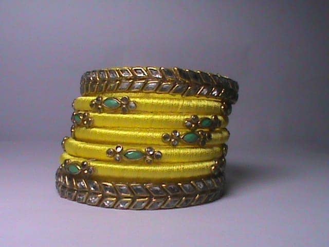 Yellow Silk Thread Bangle Set with Stone and Pearl Embellishment view 2