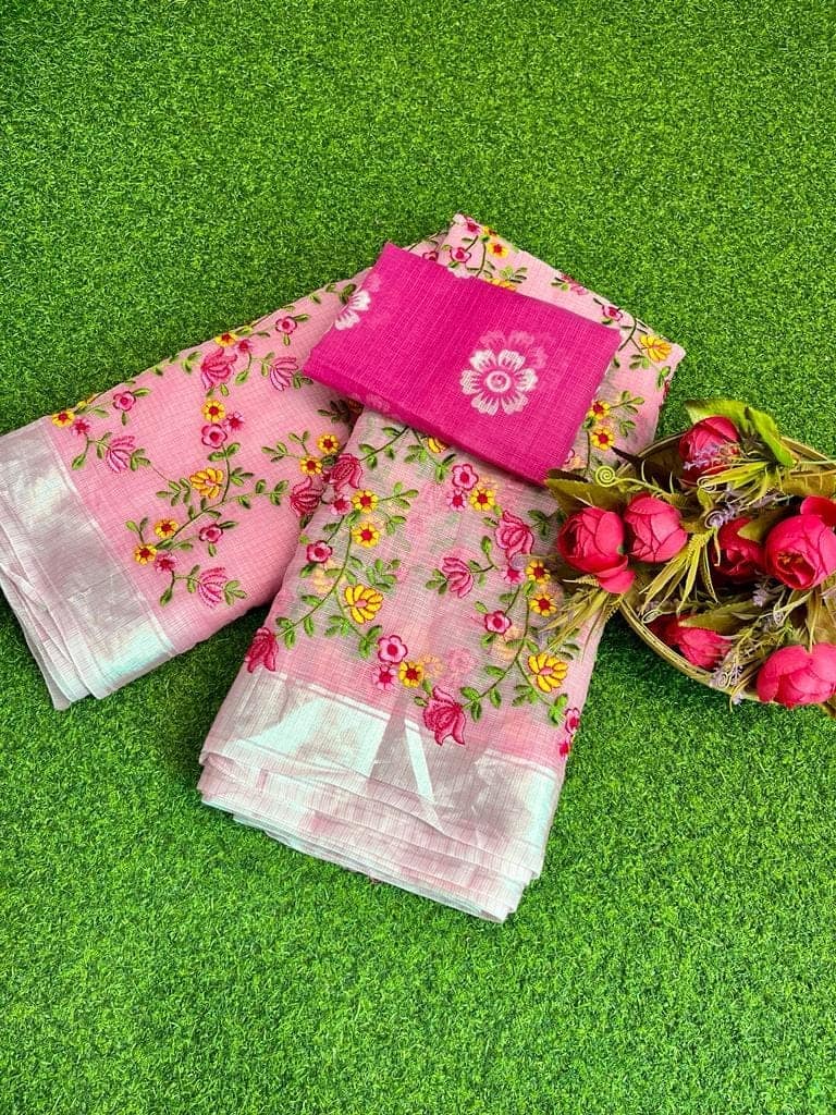Kota Doria Saree Metallic Pink Color Floral Embroidered with Blouse Piece-8008 view 2