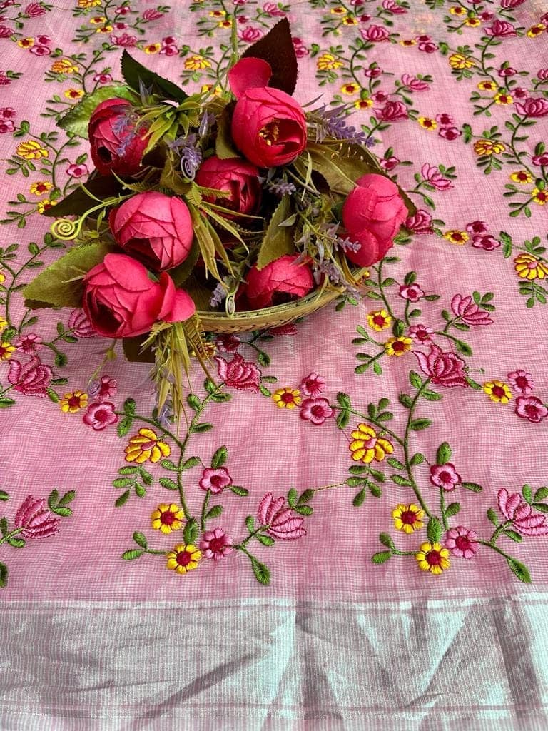 Kota Doria Saree Metallic Pink Color Floral Embroidered with Blouse Piece-8008 view 3