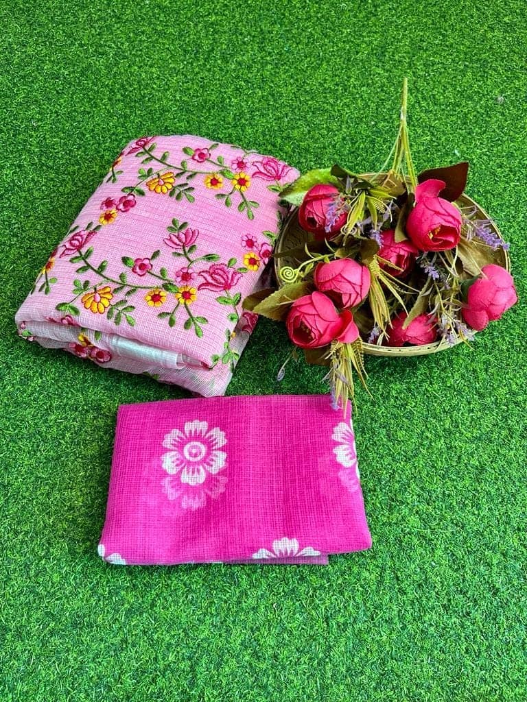 Kota Doria Saree Metallic Pink Color Floral Embroidered with Blouse Piece-8008 view 4