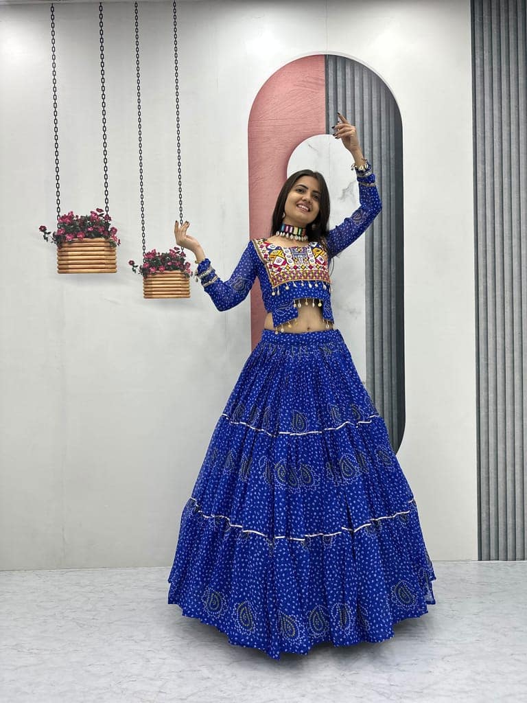 Blue Bandhani Print Chaniya Choli with Embroidered Mirror Work Blouse view 2