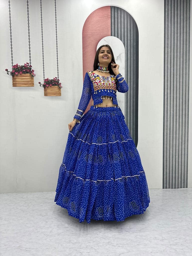 Blue Bandhani Print Chaniya Choli with Embroidered Mirror Work Blouse view 5