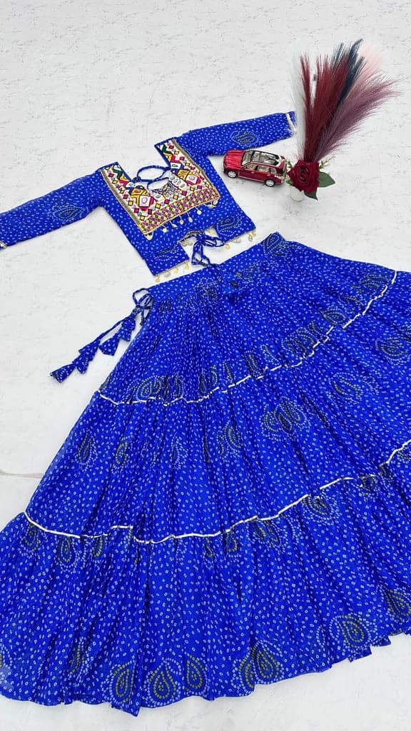 Blue Bandhani Print Chaniya Choli with Embroidered Mirror Work Blouse view 8