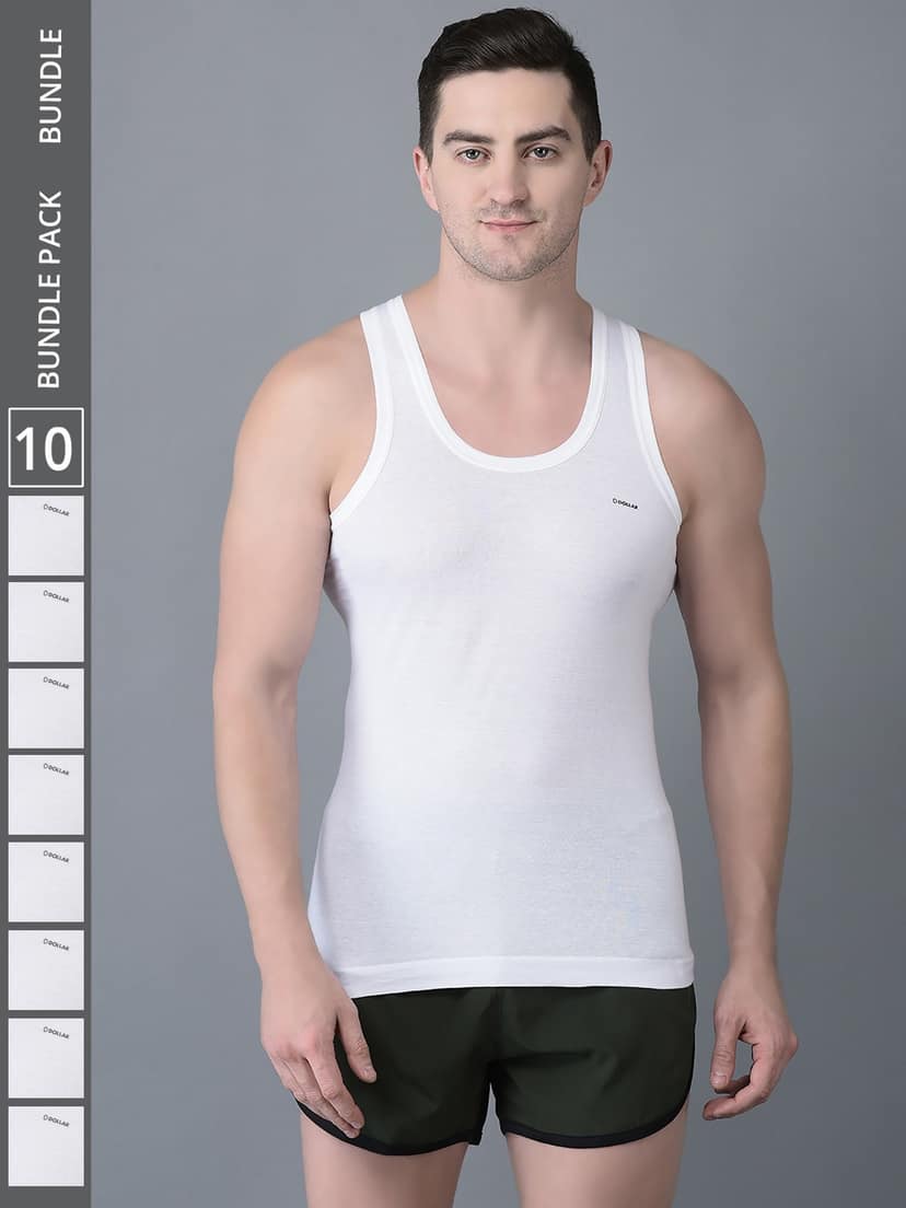 Men's White Pack of 10 Solid Combed Cotton Shrinkless Vest