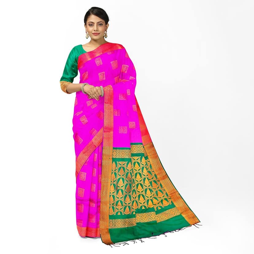 Pink and Green Pure soft Silk Saree With Blouse Piece view 3