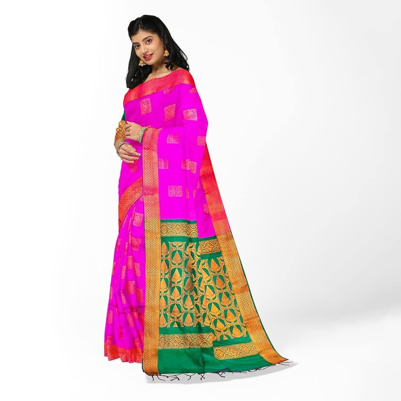 Pink and Green Pure soft Silk Saree With Blouse Piece view 4